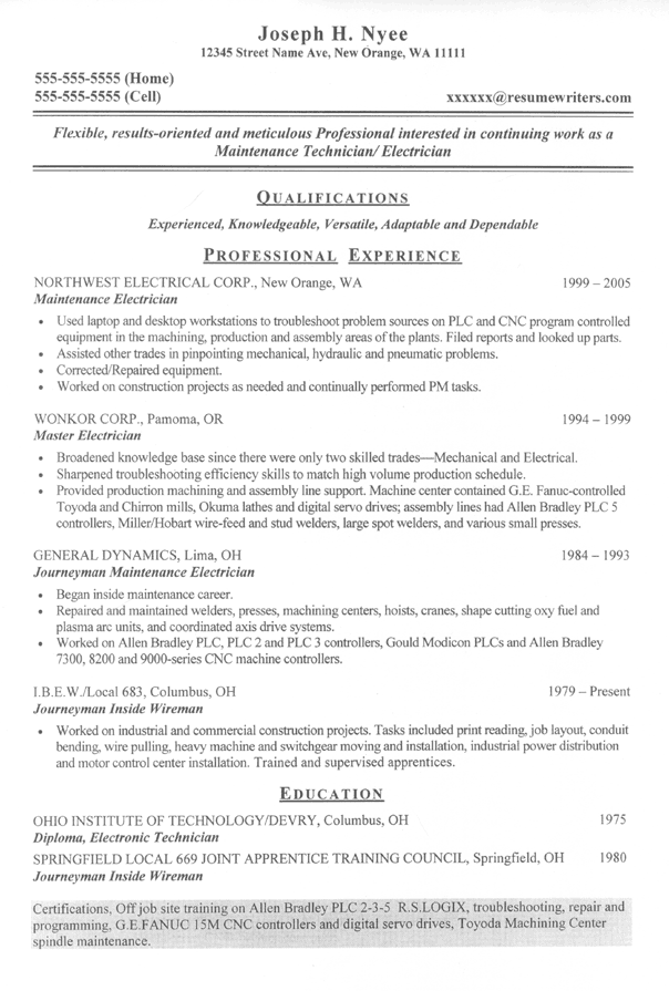 Electrician Sample Resume from Resume Writers